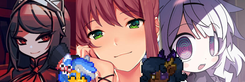 The F/Os A banner showing (Left to right) Reina, Monika, and Qtie. Peaking between the three are Ponytown sprites of Onyxspade and Sapphire. Credits to Makaroll, Satchly, and Alliance arts as well as various PT designers.